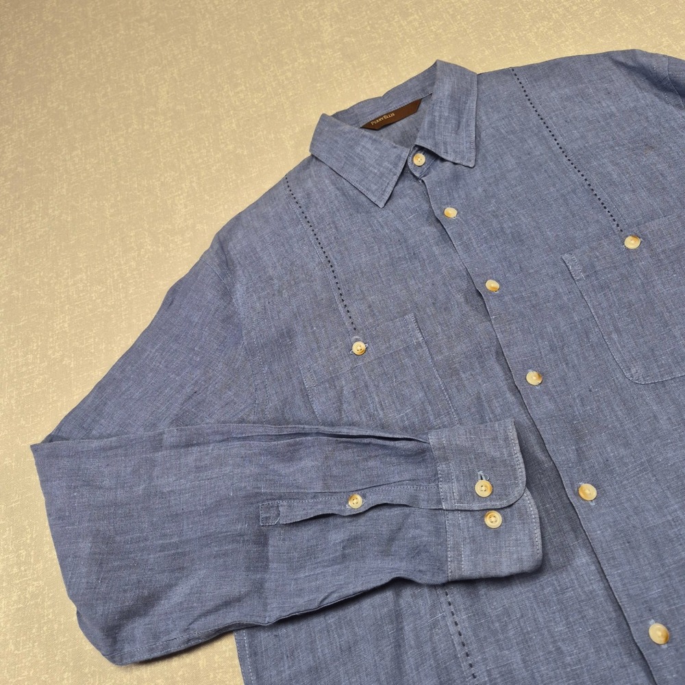 Perry Ellis Mens 100% Linen Blue Long Sleeve Button Down Shirt Guayabera Style L